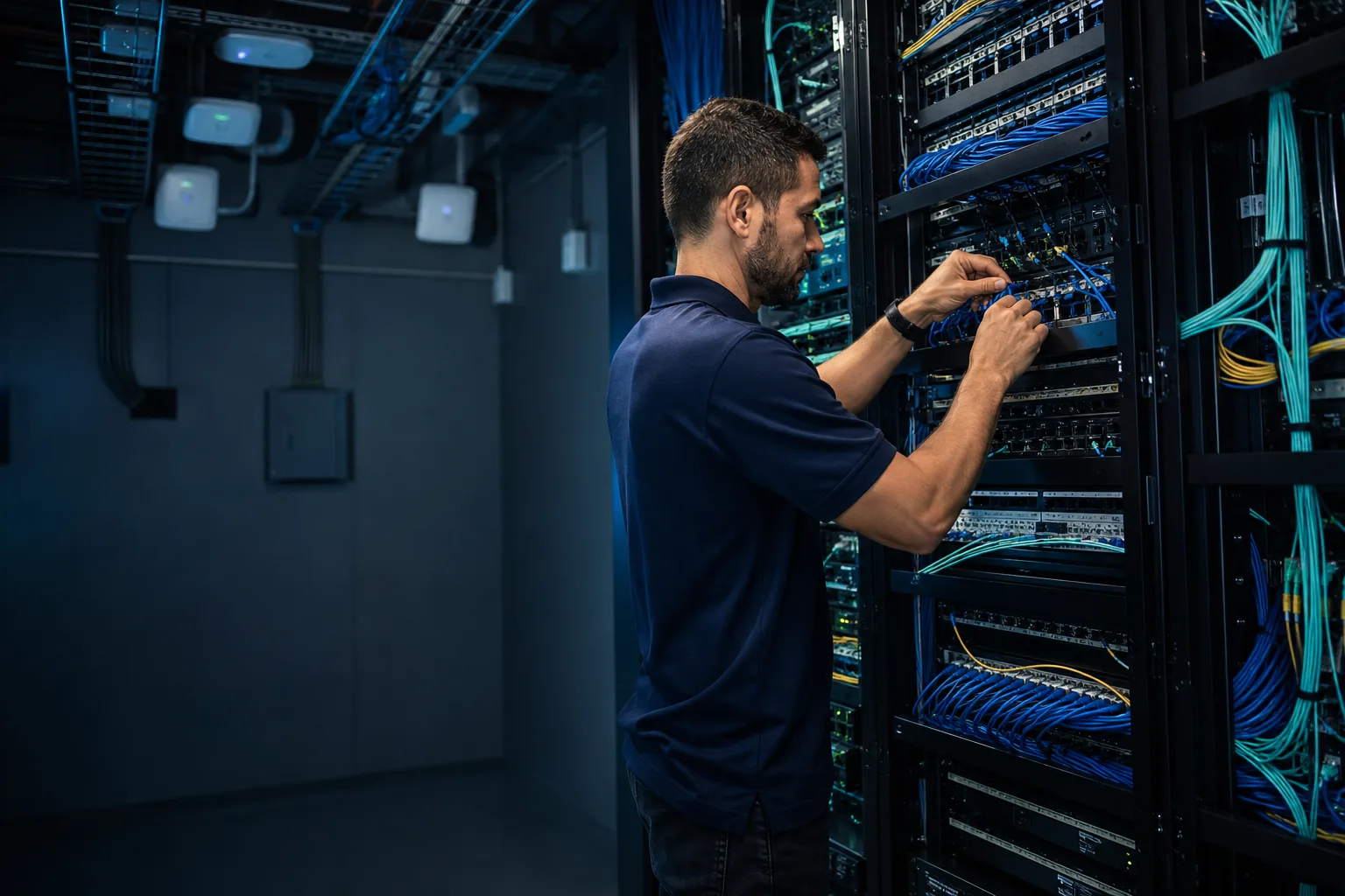 Network technician organizing commercial fiber and structured cabling infrastructure