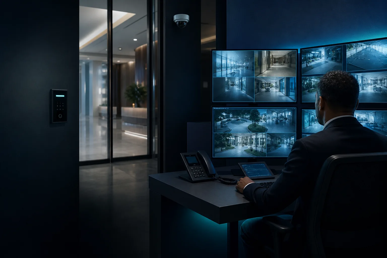Security operator monitoring cameras and access control for a commercial property